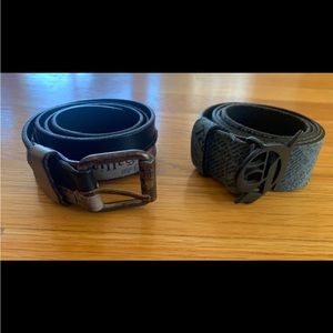 John Galliano Lot 2 Black Cow Leather Strap Belt Logo Buckle Adjusted Sz II III